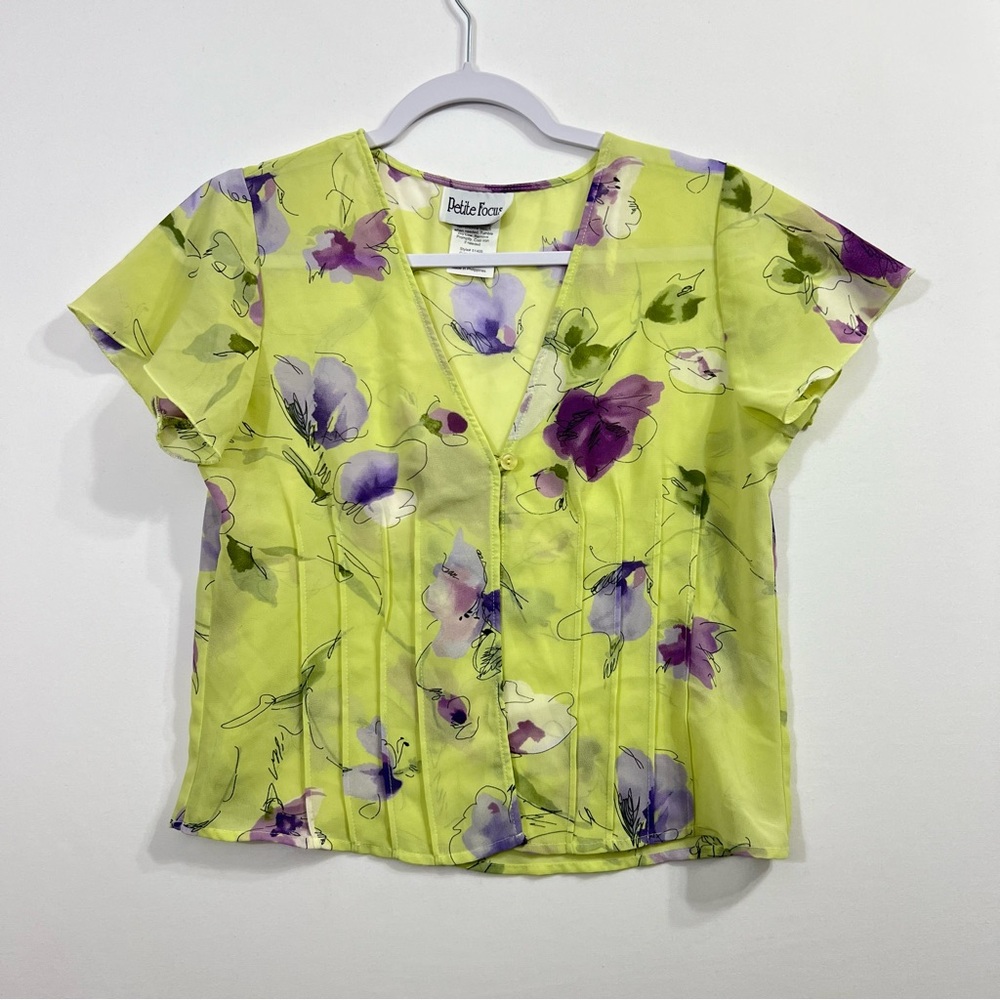 Vintage Y2K Green & Purple Floral Sheer Top Size 6 Ruffle Short Sleeve